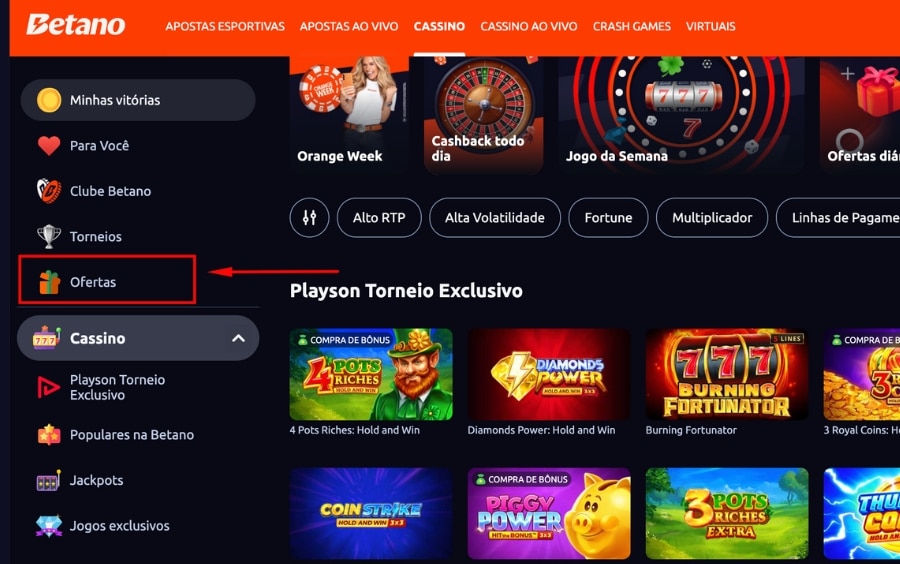 Menu lateral do cassino Betano com a opção "Ofertas" destacada, mostrando atalhos para "Clube Betano" e "Torneios".