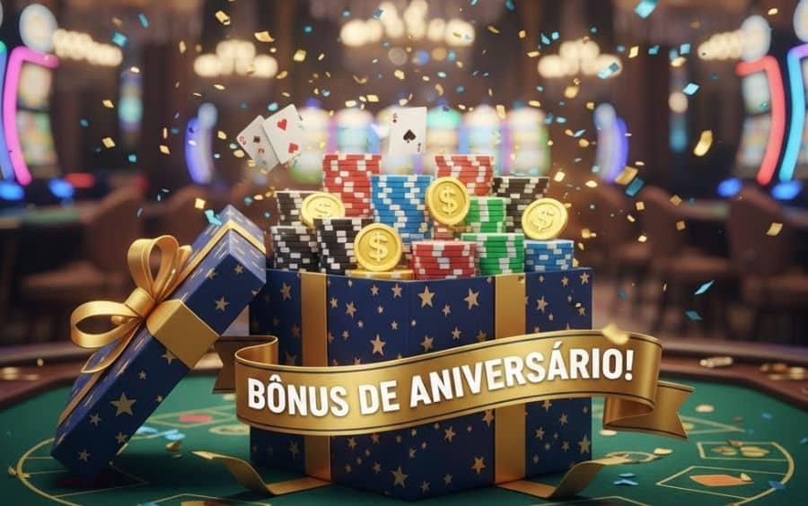 Celebração de Bônus de Aniversário em Cassino: caixa de presente cheia de fichas e dinheiro, com confetes e fundo de cassino.