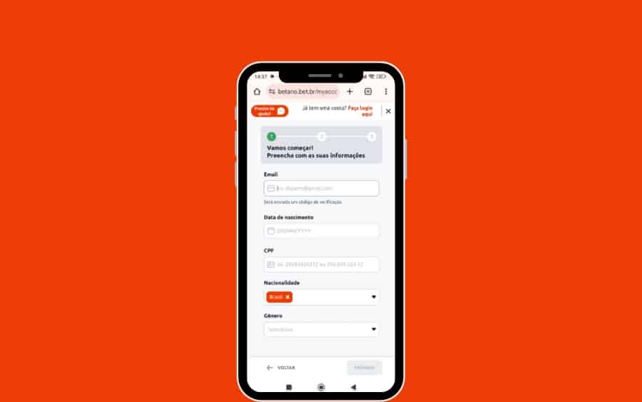 Formulário de registro no app da Betano solicitando o preenchimento de e-mail, data de nascimento, CPF e nacionalidade para criar a conta.