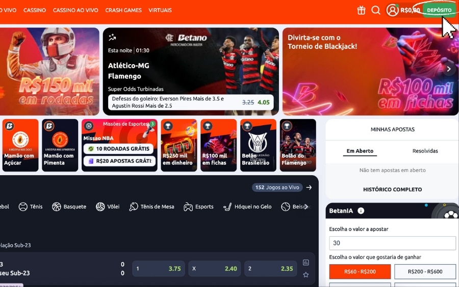 Cabeçalho do site Betano com uma seta indicando o botão verde "DEPOSITO" no canto superior direito para adicionar saldo à conta.