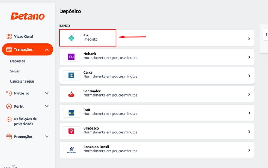 Tela de seleção de método de depósito na Betano destacando a opção "Pix" como método imediato e recomendado.