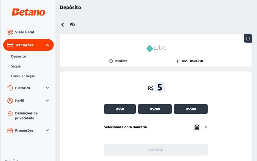 Tela de depósito via Pix na Betano, mostrando o valor mínimo de R$ 5,00 e opções de valores rápidos (R$ 50, R$ 200, R$ 500).