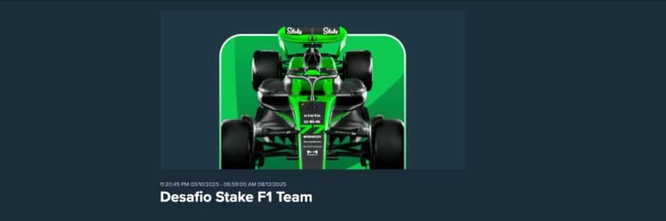 Banner da promoção "Desafio Stake F1 Team", mostrando um carro de Fórmula 1 verde e preto da Stake.
