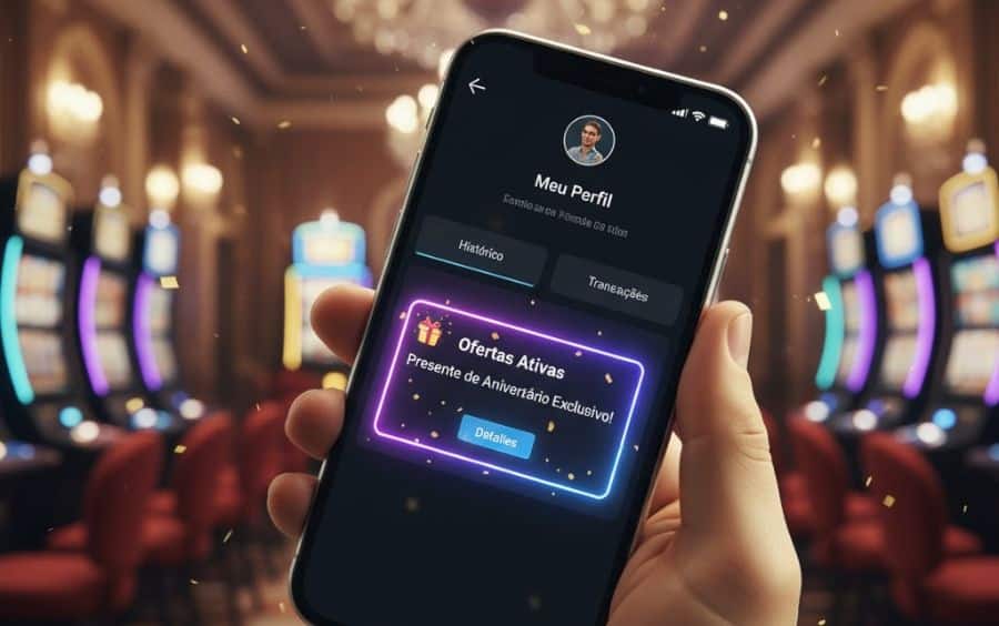 Passo 2 do guia BetBoom: Verificar o perfil pessoal no celular, onde o bônus de aniversário aparece na seção "Ofertas Ativas".