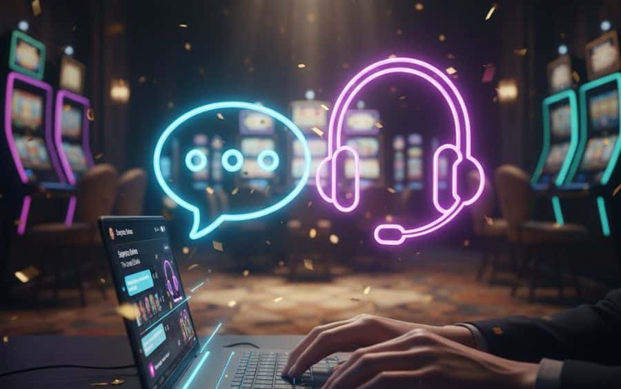 Passo 3 do guia: Contatar o suporte ao cliente do BetBoom, ilustrado por mãos digitando em um laptop e ícones de chat e fone de ouvido.