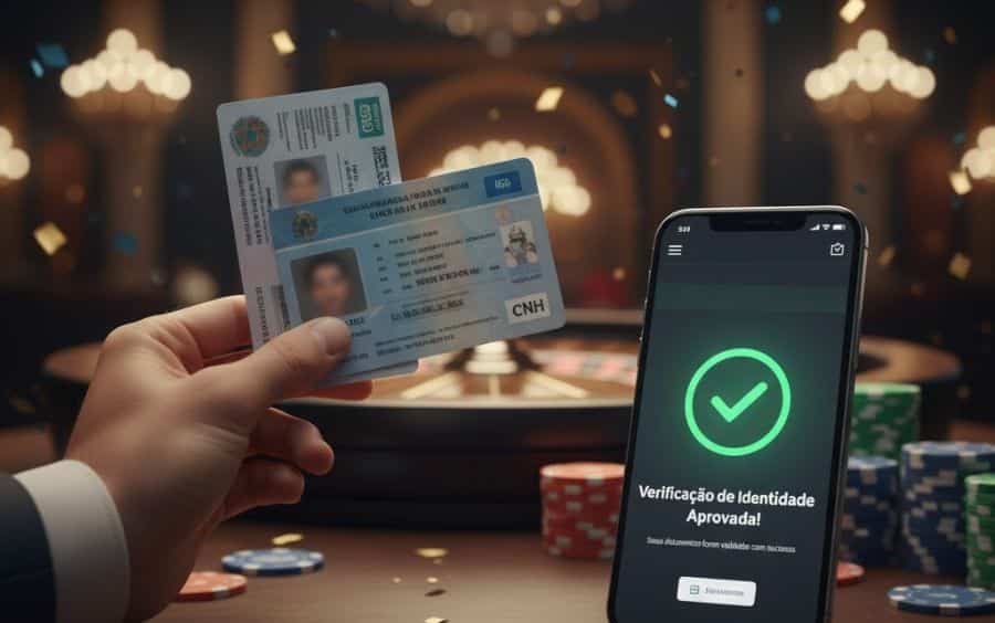 Passo 2 do guia da Stake: Verificar a conta (KYC), ilustrado com documentos de identidade e um smartphone mostrando a aprovação.