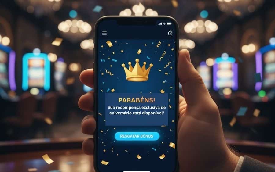 Passo 4 do guia da Stake: Receber a notificação da recompensa de aniversário no celular, com uma mensagem de parabéns e um botão para resgatar o bônus.