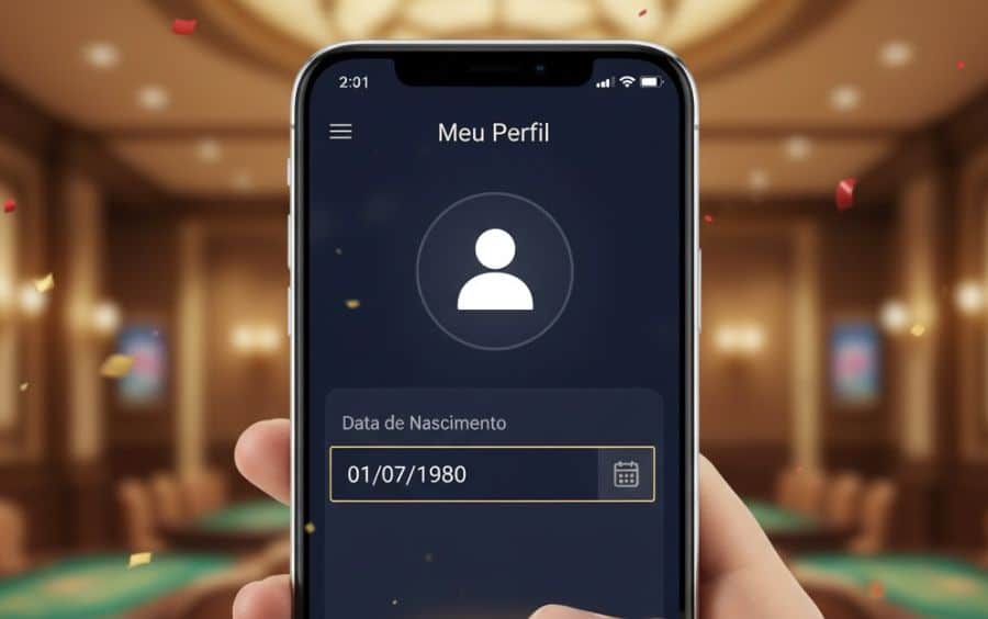 Mão segurando um celular que exibe a tela "Meu Perfil" de um cassino online, com o campo "Data de Nascimento" em destaque.