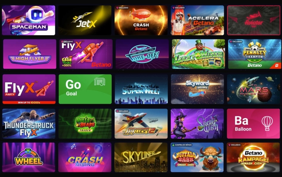 Seção de jogos Crash da Betano com miniaturas dos jogos Aviator, Spaceman, JetX, High Flyer e o exclusivo Acelera Betano.