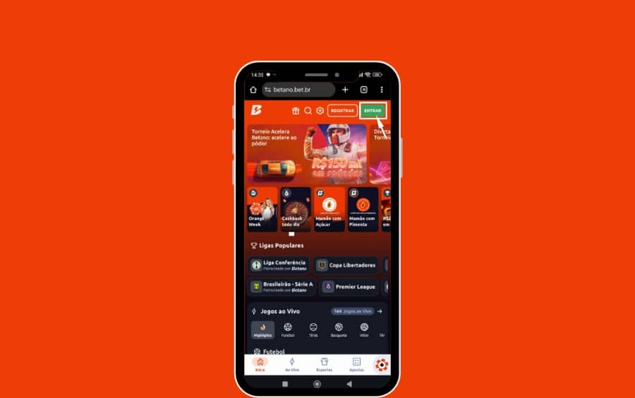Tela inicial do aplicativo Betano com uma seta branca indicando o botão "ENTRAR" no canto superior direito para iniciar o login.