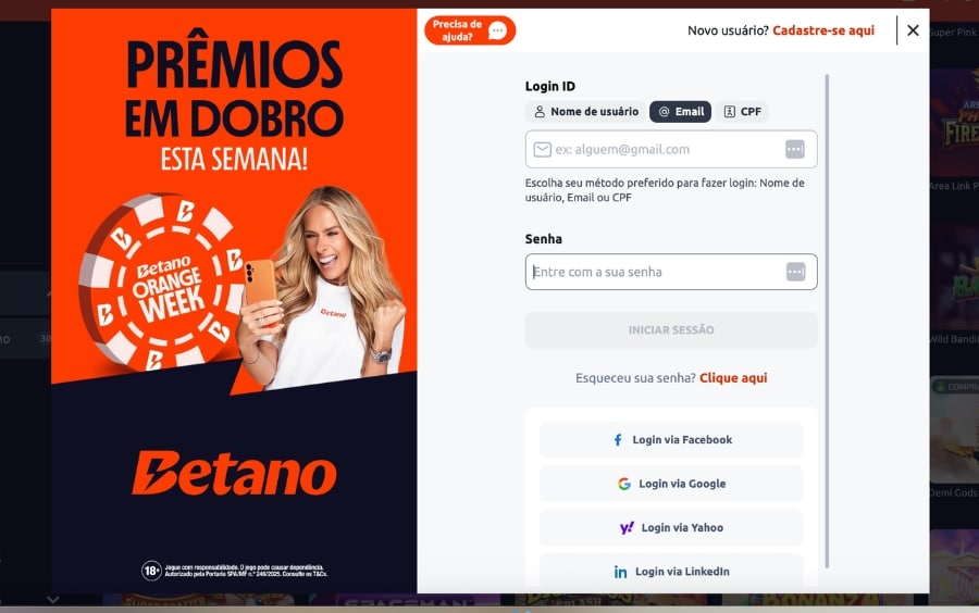 Janela de login da Betano com campos para usuário/e-mail e senha, ao lado de um banner promocional da "Orange Week" com a apresentadora Adriane Galisteu.