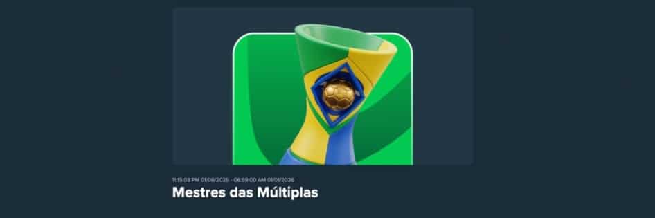 Banner da promoção "Mestres das Múltiplas" da Stake, mostrando um troféu com as cores do Brasil.