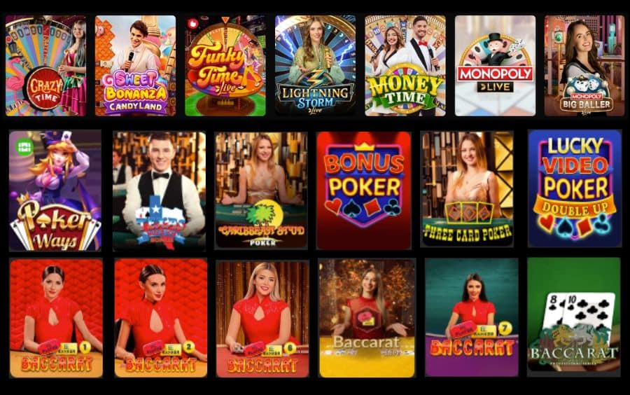 Seção de outras categorias de jogos no cassino Betboom, exibindo opções de TV Jogos, Poker e Baccarat, com destaque para títulos como Crazy Time, Monopoly Live e mesas de cartas."