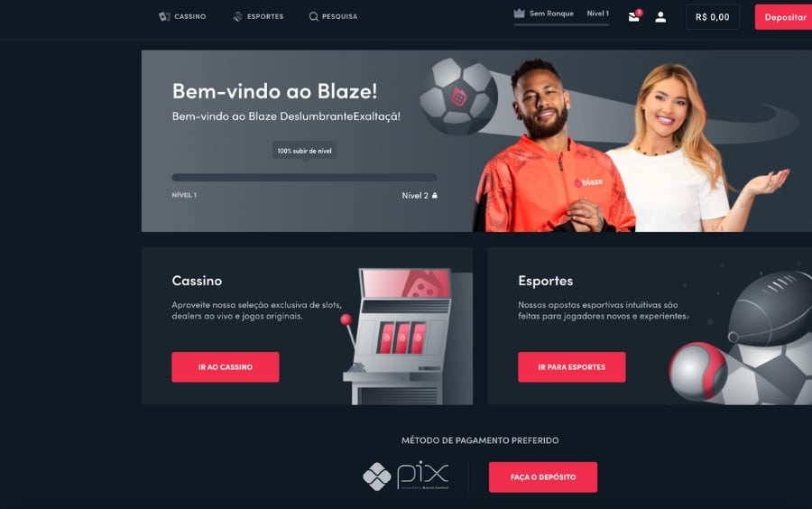 Tela inicial da plataforma Blaze, com jogos originais e banners de cassino e esportes.