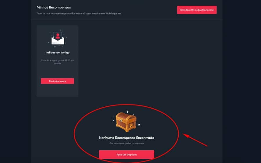 Página 'Minhas Recompensas' da Blaze com mensagem de 'Nenhuma Recompensa Encontrada' e opção de fazer um depósito.