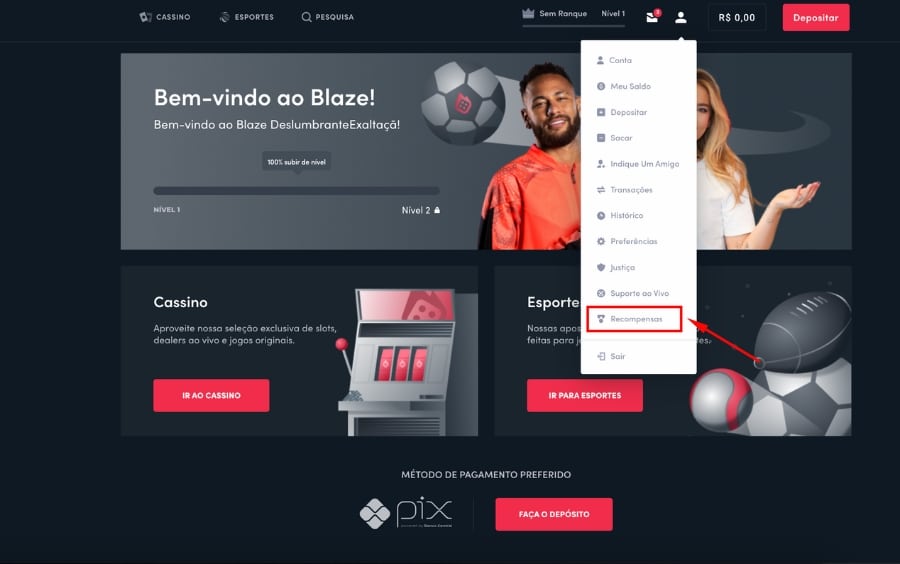 Menu da conta Blaze mostrando a opção 'Recompensas' destacada para acesso aos bônus.