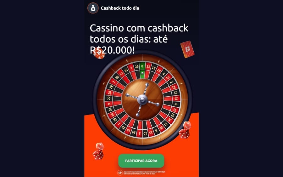 Anúncio da promoção "Cashback Betano" oferecendo reembolso diário de até R$ 20.000 em perdas no cassino ao vivo, ilustrado com uma roleta.