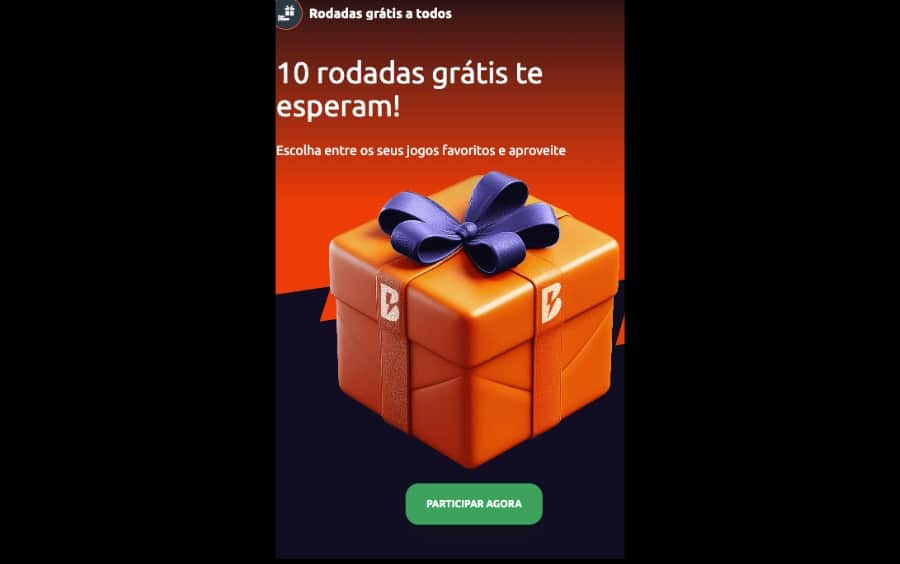 Pop-up promocional da Betano oferecendo "10 Rodadas Grátis" com a imagem de uma caixa de presente laranja, convidando o usuário a clicar no botão verde "PARTICIPAR AGORA".