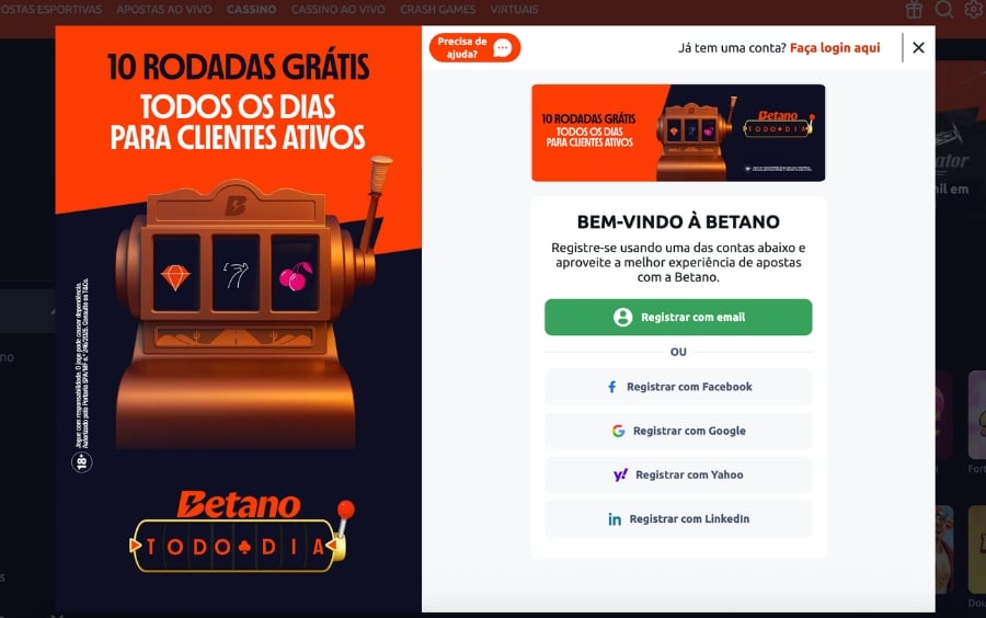 Pop-up de boas-vindas ao registro na Betano, destacando um botao verde com a opção de "Registrar com email" e outras opçoes de redes sociais para começar o registro.