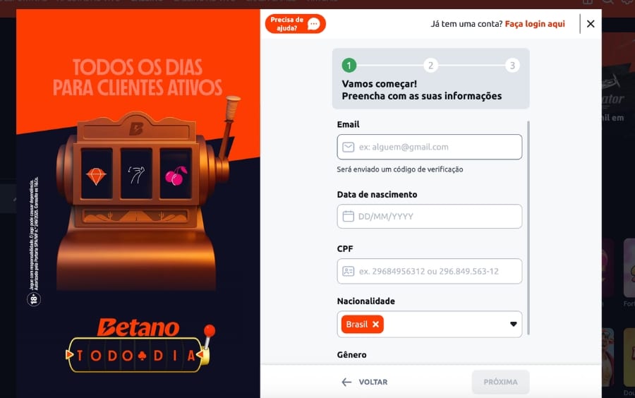 Formulário de registro da Betano solicitando e-mail, data de nascimento e CPF, com opções de cadastro via redes sociais (Facebook, Google, LinkedIn).