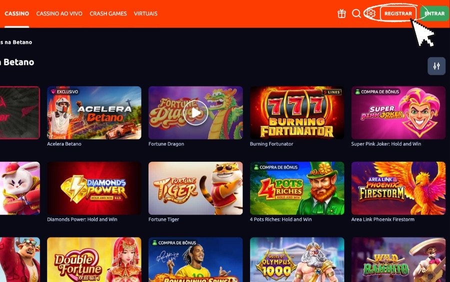 Tela inicial da Betano indicando onde clicar no botão "Registrar" no topo da página para criar uma nova conta.