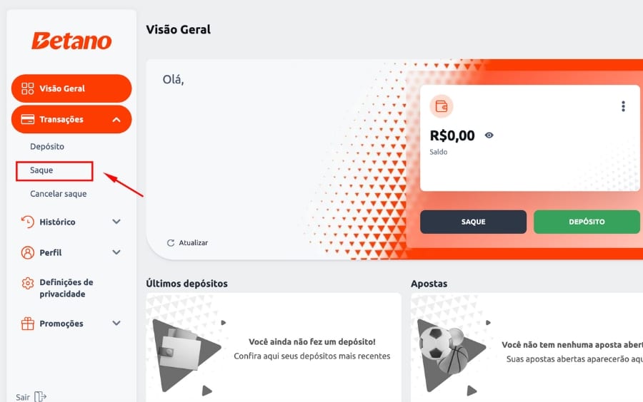 Painel da conta do usuário na Betano mostrando o menu lateral esquerdo com a opção "Saque" selecionada dentro de "Transações.