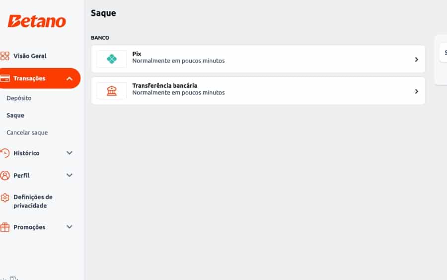 Tela de seleção de método de saque na Betano, exibindo as opções "Pix" e "Transferência bancária", ambas com processamento rápido.