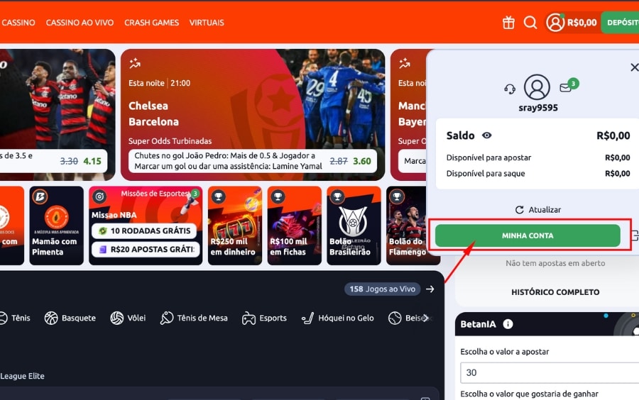 Menu de usuário da Betano aberto, indicando onde clicar na opção "Minha Conta" para acessar a área financeira.