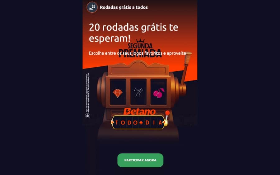 Banner da promoção "Segunda Premiada" da Betano mostrando uma máquina caça-níqueis dourada e a oferta de 20 rodadas grátis para todos os clientes.