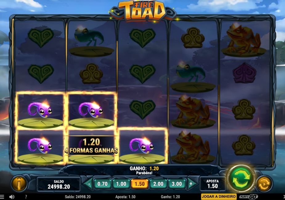 Tela do slot Fire Toad com girinos, sapos de fogo e símbolos havaianos nos rolos.