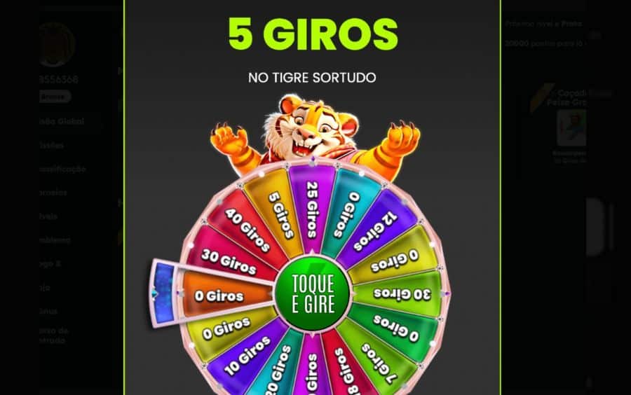 Imagem do bônus de verificação da BigBet, mostrando uma roleta de prêmios do Tigre Sortudo que oferece 5 Giros Grátis.