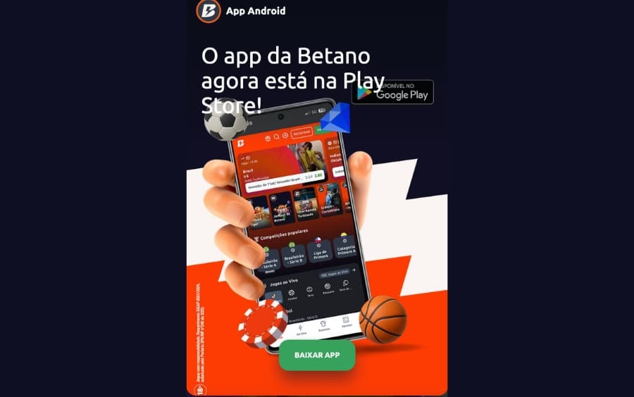 Banner promocional do aplicativo Betano para Android anunciando que o app agora está disponível oficialmente na Google Play Store, com botão para baixar.