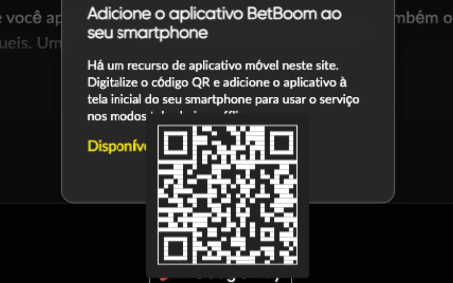 Pop-up no site da Betboom exibindo um QR Code para escanear e baixar o aplicativo no smartphone.