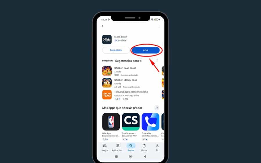 Página do aplicativo Stake Brasil na Google Play Store após a instalação, com o botão "Abrir" destacado por um círculo vermelho