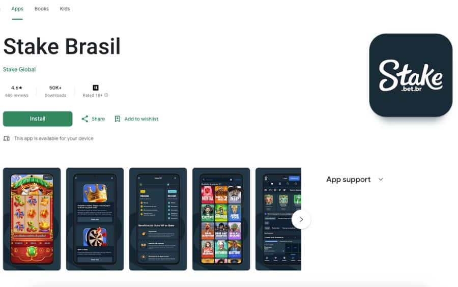 Captura de tela da página do aplicativo "Stake Brasil" na Google Play Store, mostrando o ícone, o botão "Install" e prévias da interface de jogos, ilustrando a seção Aplicativo da Stake.