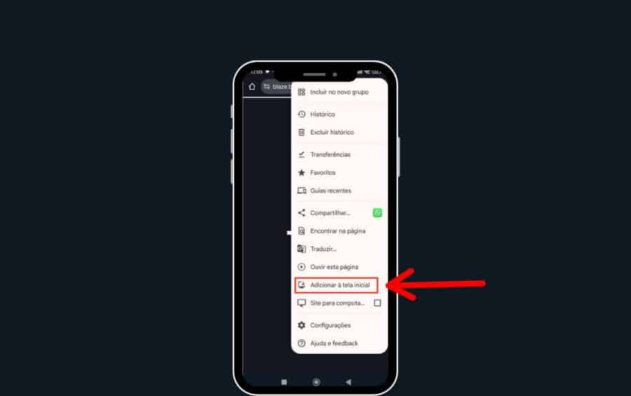 Captura de tela do menu do navegador Google Chrome em um celular Android, com a opção 'Adicionar à tela inicial' destacada em um quadrado vermelho.