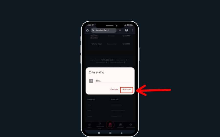 Pop-up 'Criar atalho' no Android, mostrando o ícone da Blaze e o nome 'Blaze' no campo de texto, com o botão 'Adicionar' destacado em vermelho.