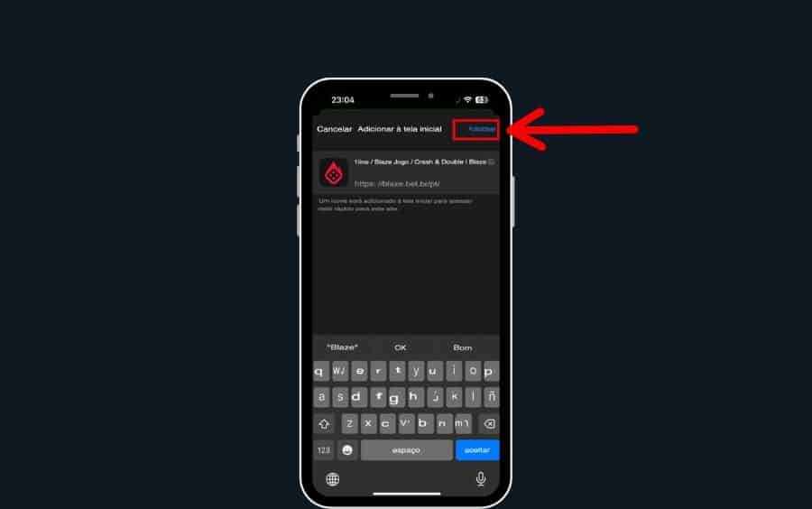 Passo 4 do tutorial de atalho da Blaze no iOS: a tela de confirmação 'Adicionar à tela inicial' é mostrada, e uma seta vermelha aponta para o botão 'Adicionar' no canto superior direito.