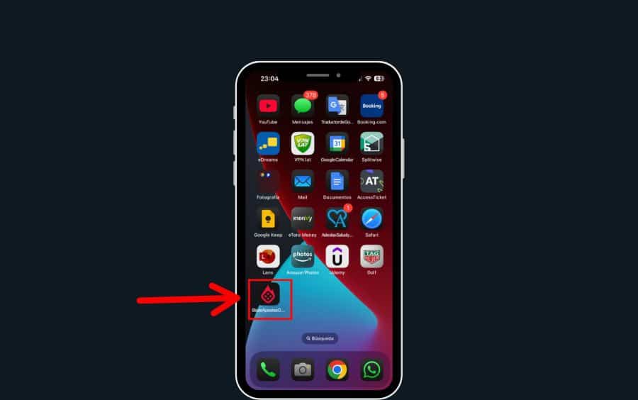 Passo 5 do tutorial de atalho da Blaze no iOS: a tela inicial de um iPhone é exibida, com uma seta vermelha apontando para o novo ícone do atalho da Blaze que acaba de ser adicionado.