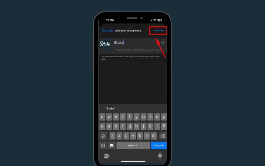 Passo 4 do tutorial de atalho da Stake no iOS, mostrando a tela "Adicionar à tela inicial" com o nome "Stake" e uma seta vermelha apontando para o botão "Adicionar".
