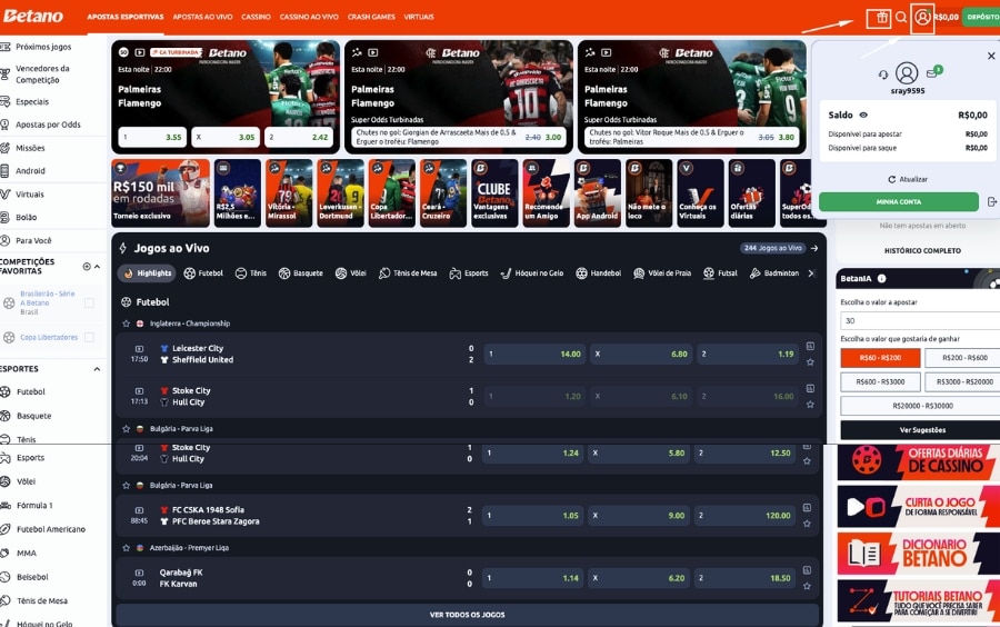 Menu lateral do cassino Betano destacando a opção "Ofertas", onde o usuário deve clicar para acessar todas as promoções disponíveis.