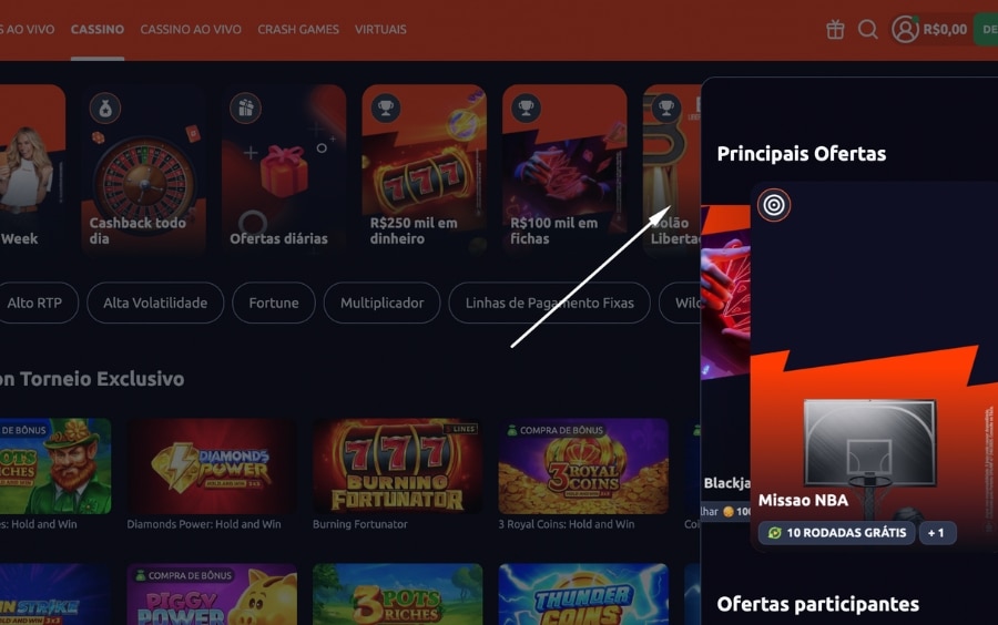 Página "Central de Ofertas" da Betano exibindo uma grade de promoções, com uma seta indicando a missão "Missão NBA" para ser selecionada.