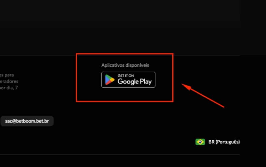 Rodapé do site Betboom, destacando o botão 'GET IT ON Google Play' em vermelho, que permite baixar o aplicativo Android