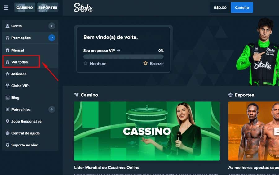 Passo 1 do tutorial de promoções da Stake, mostrando o painel da conta com uma seta vermelha apontando para "Ver todas" no menu lateral "Promoções".