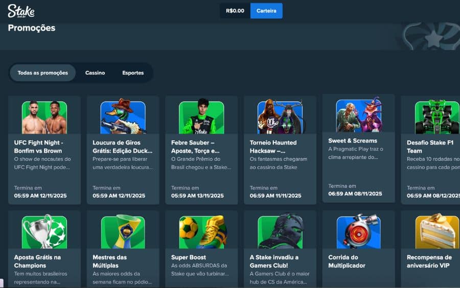 Passo 2 do tutorial de promoções da Stake, mostrando a página "Promoções" com uma grade de ofertas ativas, como "UFC Fight Night" e "Loucura de Giros Grátis".