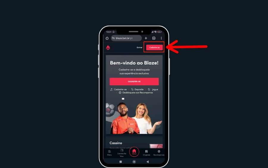 Captura de tela da página inicial da Blaze, mostrando o botão vermelho 'Cadastre-se' no canto superior, o primeiro passo para o registro.