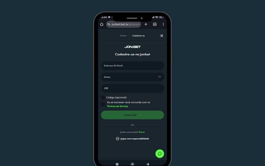 Passo 2 do cadastro na Jonbet: o formulário de registro na tela do celular, solicitando os campos Email, Senha e CPF.