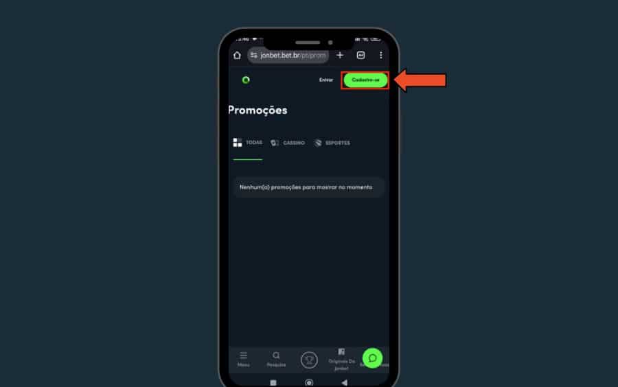 Passo 1 do cadastro na Jonbet pelo celular, com uma seta destacando o botão verde 'Cadastre-se' no canto superior direito do site móvel.