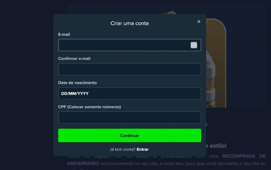 Formulário de cadastro na Stake, solicitando E-mail, Data de nascimento e CPF.