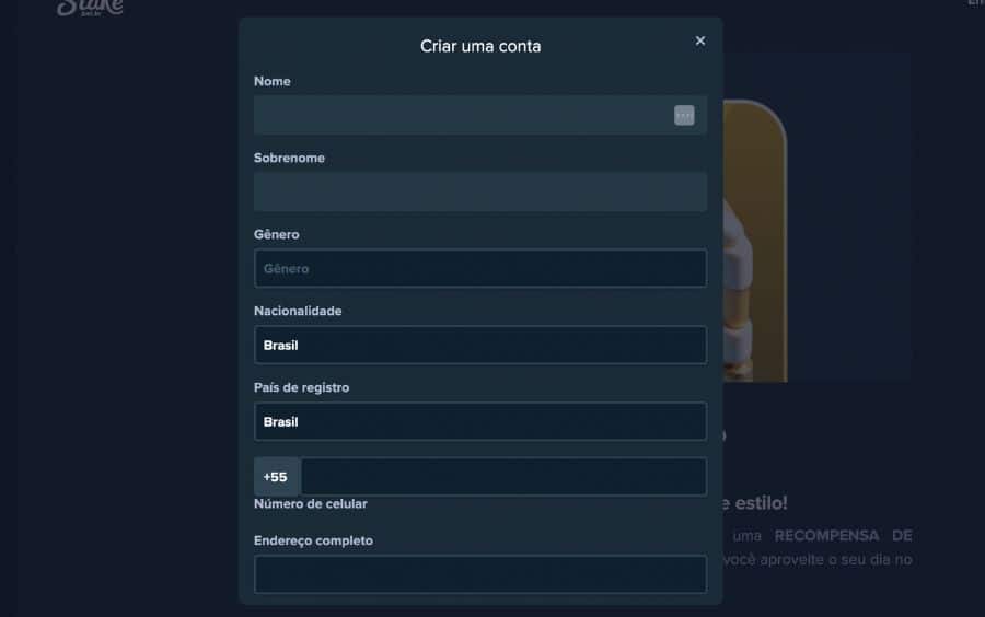 Segunda parte do formulário "Criar uma conta" na Stake, pedindo Nome, Sobrenome, Gênero, Nacionalidade, País de registro, Número de celular e Endereço completo.